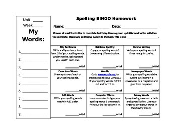 Preview of Spelling BINGO Homework Choice Card