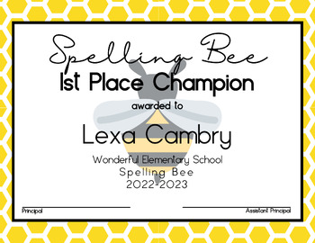 Preview of Spelling Bee Award EDITABLE