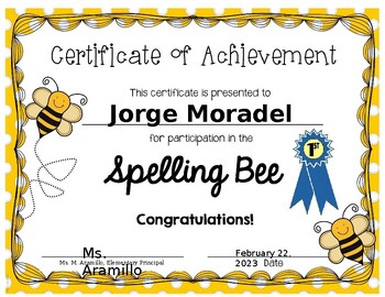 Preview of Spelling Bee Certificate 1st Place