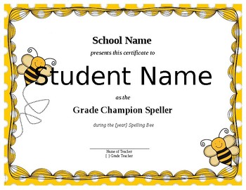 Spelling Bee Certificate By Nisrin Kadri Teachers Pay Teachers