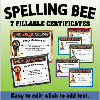 Preview of Spelling Bee Certificates Pack  - Fillable