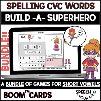 Preview of Spelling CVC Words Boom Cards™ BUNDLE | Short Vowels Build A Superhero Game