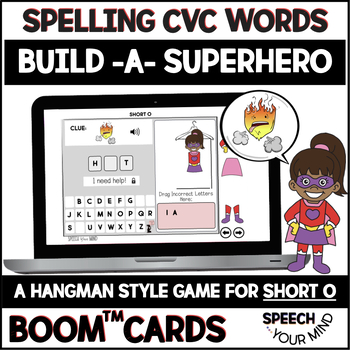 Preview of Free Spelling CVC Words Boom Cards™ - Short o Build A Superhero Hangman Game
