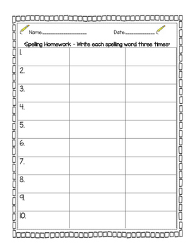 Spelling Homework 3 times each by Amanda s A Plus Activities TpT