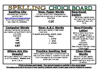 spelling homework choice board 2nd grade