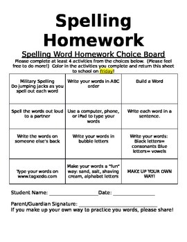 spelling homework tasks