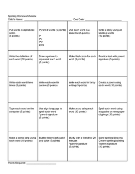 spelling homework matrix