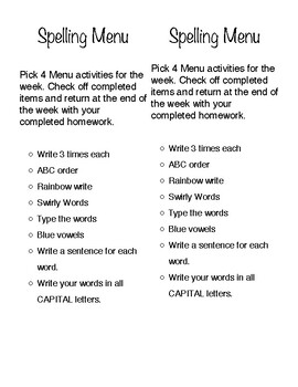 vocabulary homework menu directions