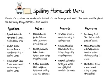 spelling homework menu pdf