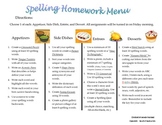 Spelling Homework Menu