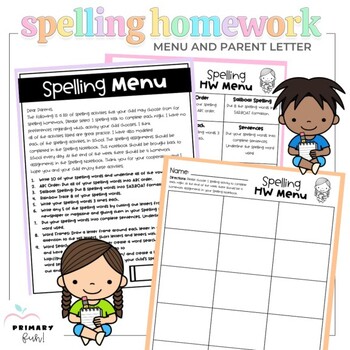 Preview of Spelling Homework Packet - Parent Letter and Spelling Menu
