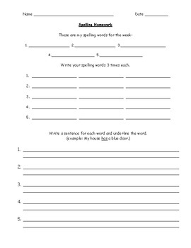 Spelling Homework Practice Page by A W Creations | TPT
