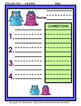 Spelling - Kindergarten - Spelling Word List & Spelling Test Templates