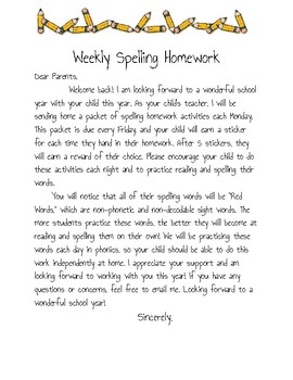 spelling homework letter to parents