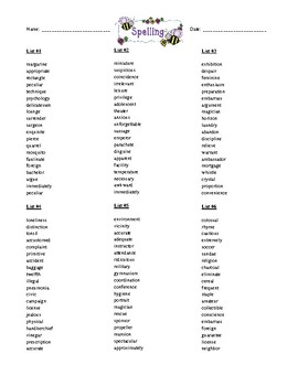 Preview of Spelling List #2 for Grades 6-8