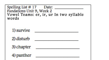 Preview of Spelling List for Grade 2 Foundations: Unit 9 Week 2: List 17