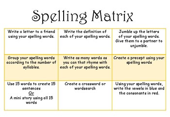 spelling homework matrix