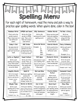 Preview of Spelling Menu Choice Board and Spelling Test Template