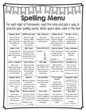 Spelling Menu Choice Board and Spelling Test Template