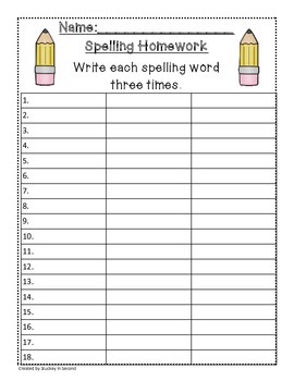 spelling words homework sheet