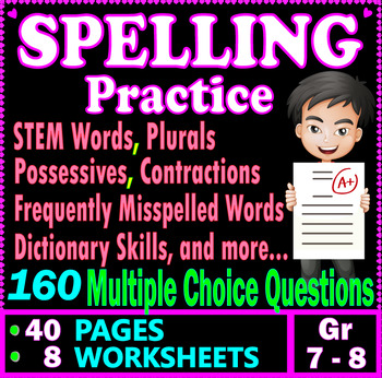 Preview of Spelling Practice. 180 Questions. Gr 7 - 8 ELA. Test Prep Pack