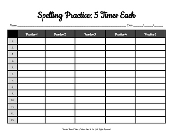 Spelling Practice: Five Times Each by Teacher Turned Tutor TPT