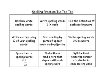 Preview of Spelling Practice Tic Tac Toe