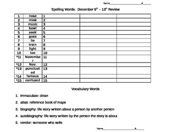 Preview of Spelling Pretest Template with Vocabulary