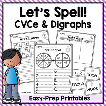 Preview of SPELLING WORKSHEETS & GAMES  Long Vowels (CVCe) and Digraphs Independent Work