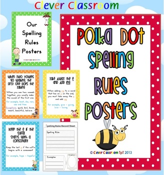 Preview of Spelling Rules Posters Polka Dot Theme with record sheets - 47 pages