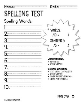 Spelling Test 10 Words With 1 Sentence Great For Benchmark Tpt