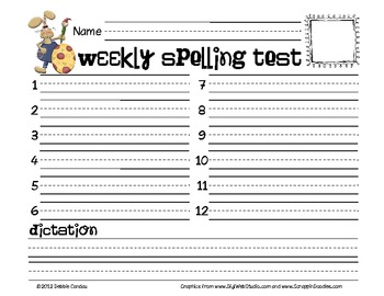 Spelling Test Paper for Every Week - 15 WORDS and Dictation Lines