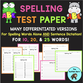 Preview of Spelling Test Paper Templates for 10 and 20 Spelling Words & Sentence Dictation