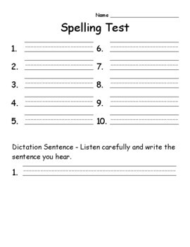 Spelling Test Template Paper 10 Word Test & 15 Word Test With