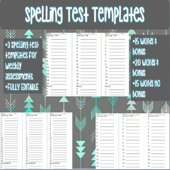 Preview of Spelling Test Templates. 20 words and 15 words plus bonus