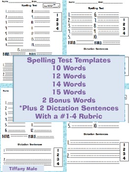 Preview of Spelling Test Template with #1-4 Rubric
