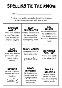 Preview of Spelling Tic Tac Know BUNDLE!!! Extra Spelling Practice Sheets!