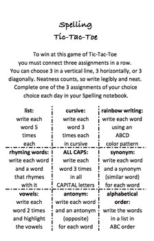 Preview of Spelling Tic Tac Toe