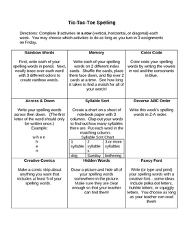 Preview of Spelling Tic Tac Toe Choice Boards