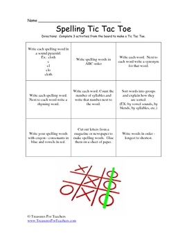 Preview of Spelling Tic Tac Toe Homework Chart