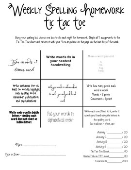 Preview of Spelling Tic Tac Toe Rubric/Cover Sheet