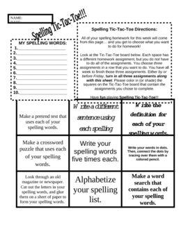 Preview of Spelling Tic Tac Toe Template (Great Spelling Homework for all Year)