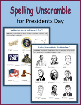 Preview of Spelling Unscramble for Presidents' Day