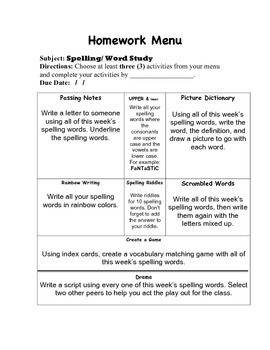 Preview of Spelling/Word Study/Reading Homework Menu