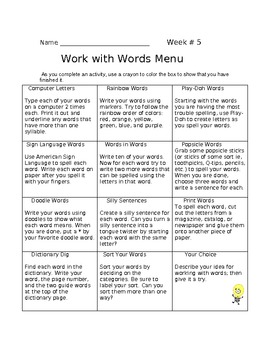 Preview of Spelling Word Work Menu Homework