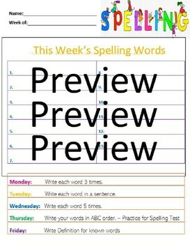 Preview of Spelling Words Weekly Template  - Daily Word Study - 1 - 5 Grade Recommended
