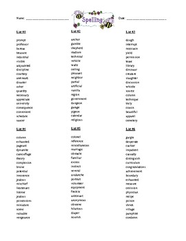 Preview of Spelling Words for Students in Grades 6-8