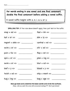 Spelling Worksheet for Doubling Rule by Jody Peck | TpT