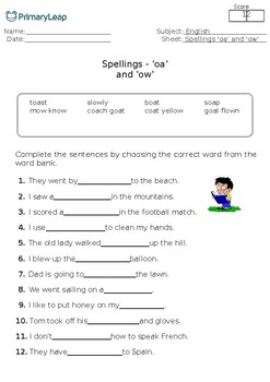 Spelling Worksheet - 'oa' and 'ow' sounds by chihab | TPT