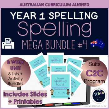 Preview of Spelling Year 1 Grade One Activities Bundle -Term 4 c2c Qld Beginners Font